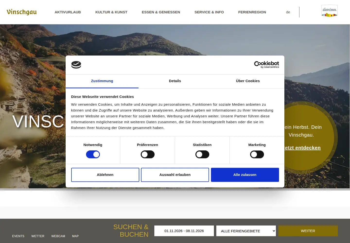 Captured homepage of vinschgau.net in the current scan