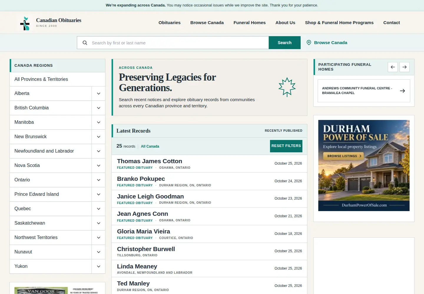 Screenshot of canadianobituaries.com