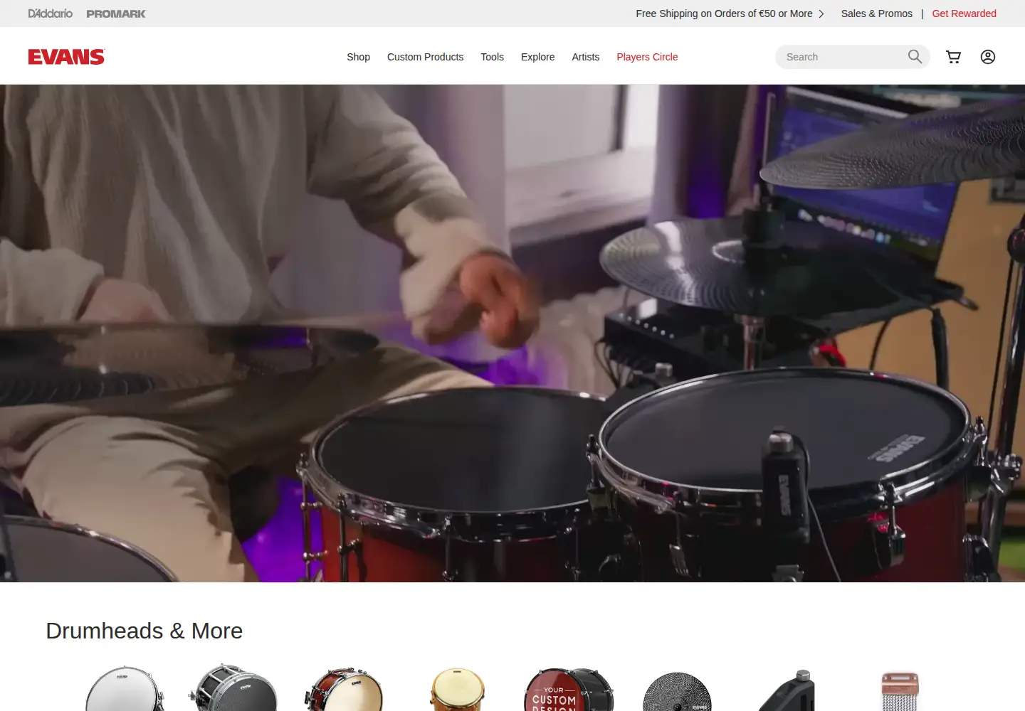 Screenshot of evansdrumheads.com