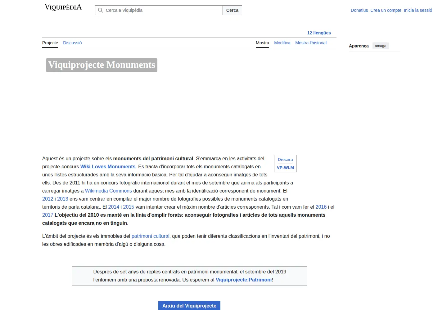 Screenshot of wikilovesmonuments.cat