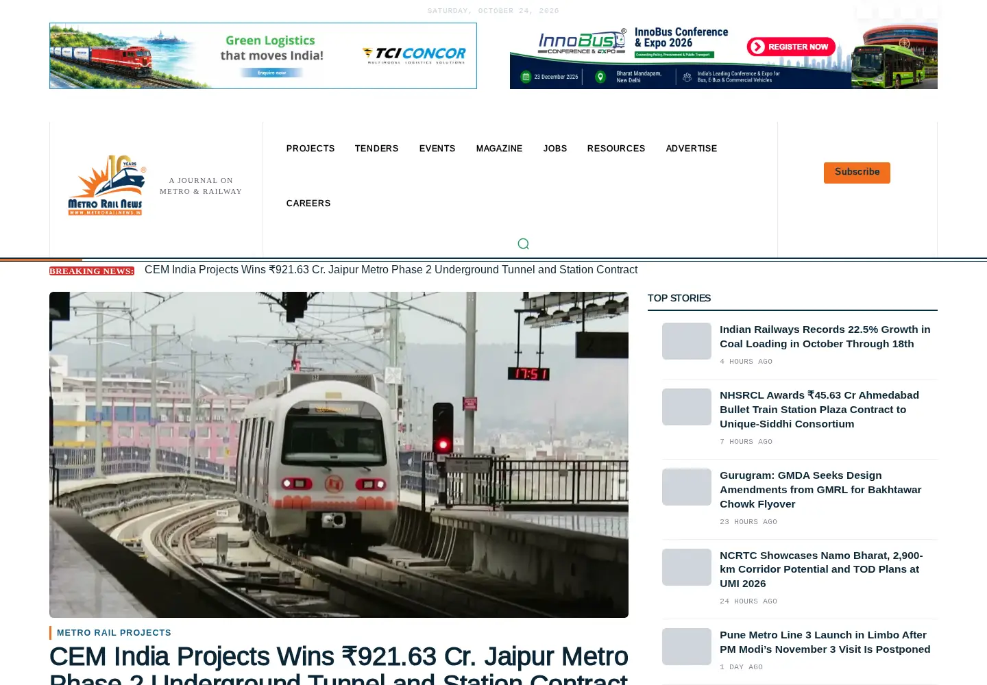 Captured homepage of metrorailnews.in in the current scan