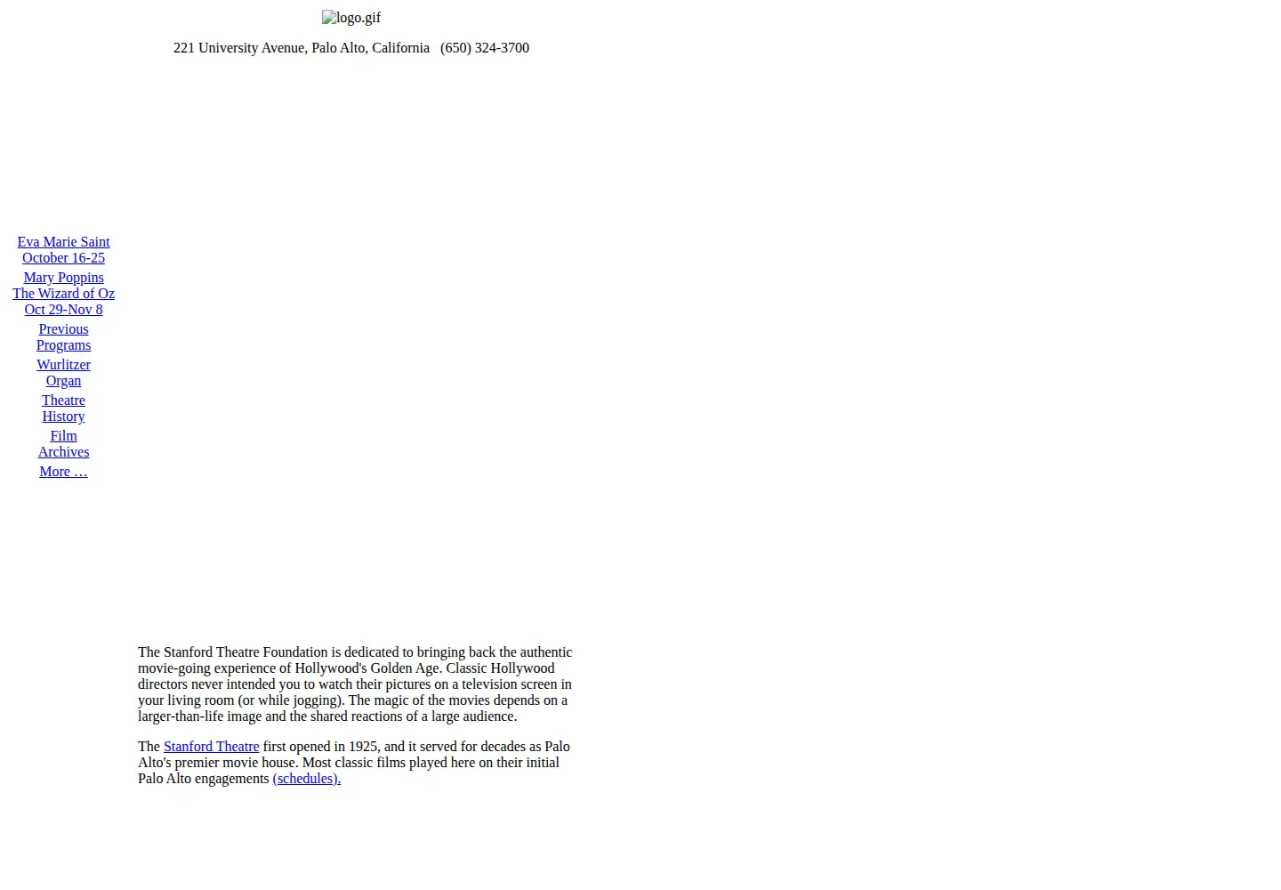 Captured homepage of stanfordtheatre.org in the current scan