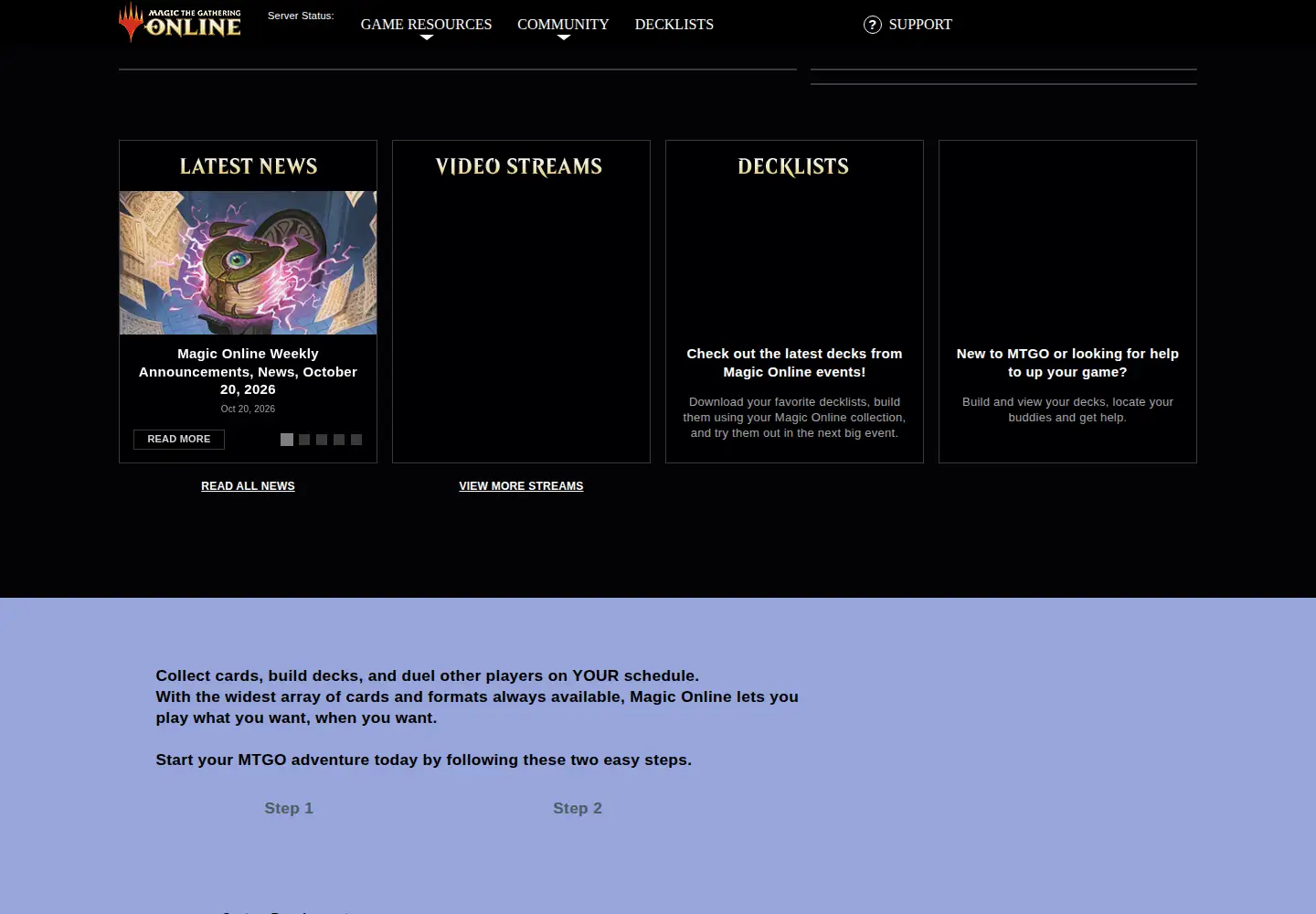 Captured homepage of mtgo.com in the current scan