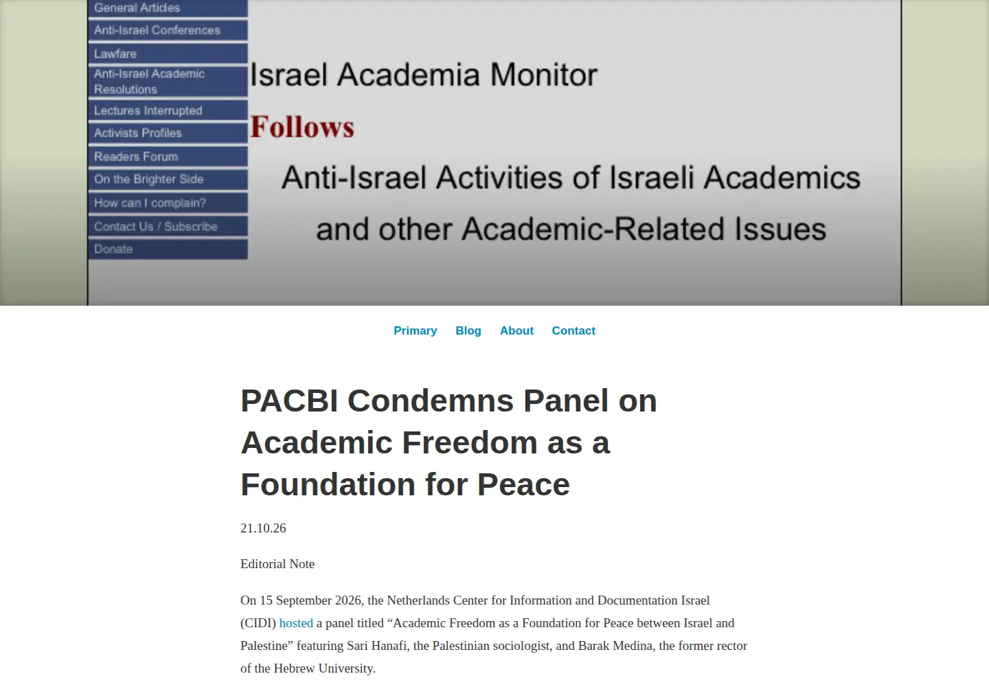 Captured homepage of israel-academia-monitor.com in the current scan