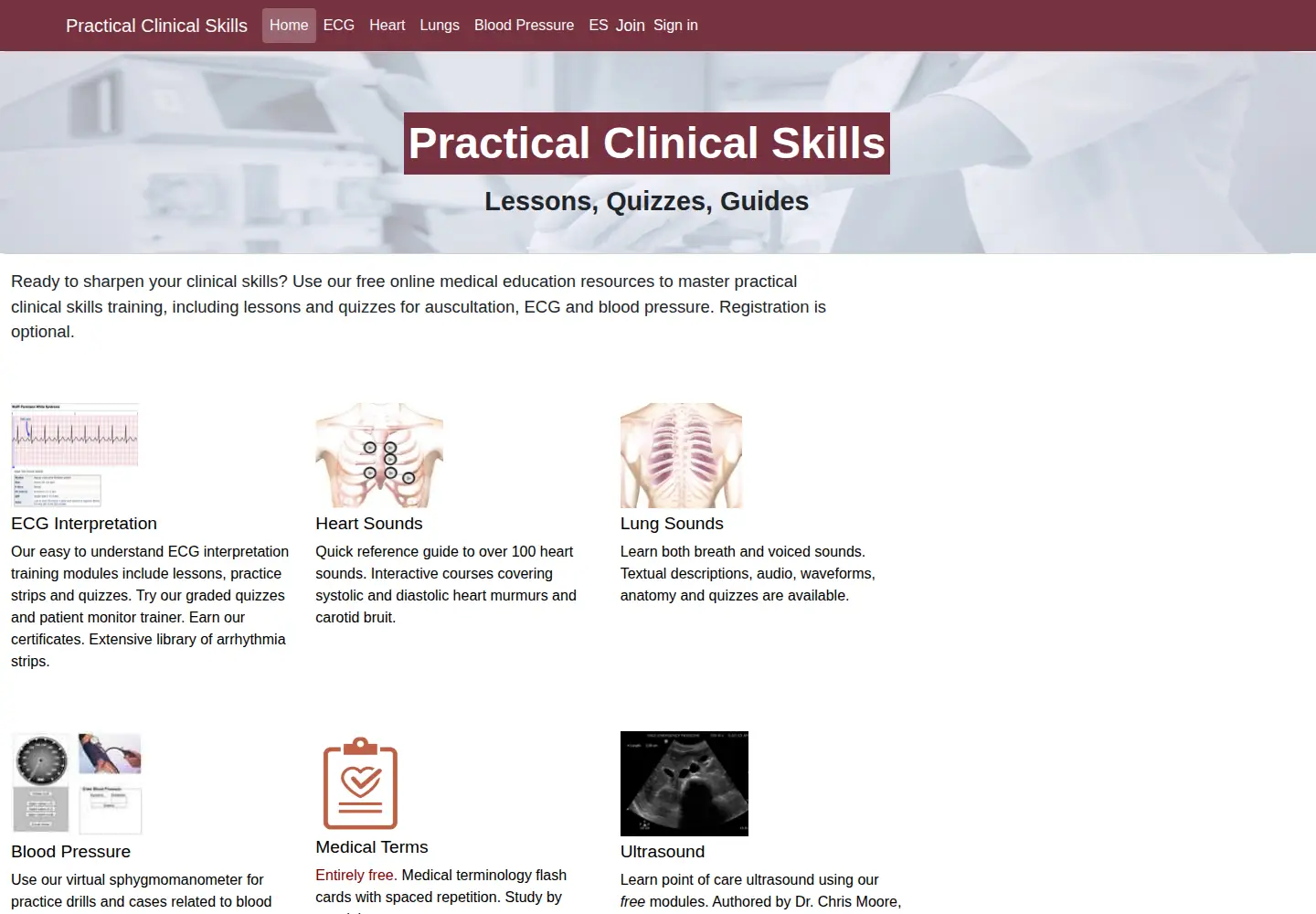 Captured homepage of practicalclinicalskills.com in the current scan