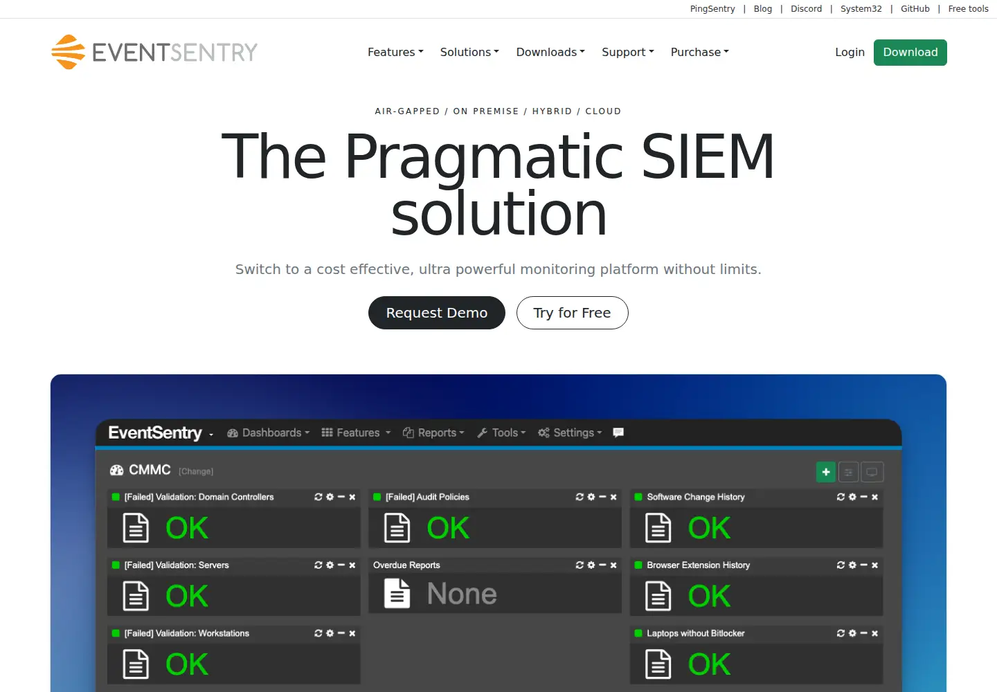Captured homepage of eventsentry.com in the current scan
