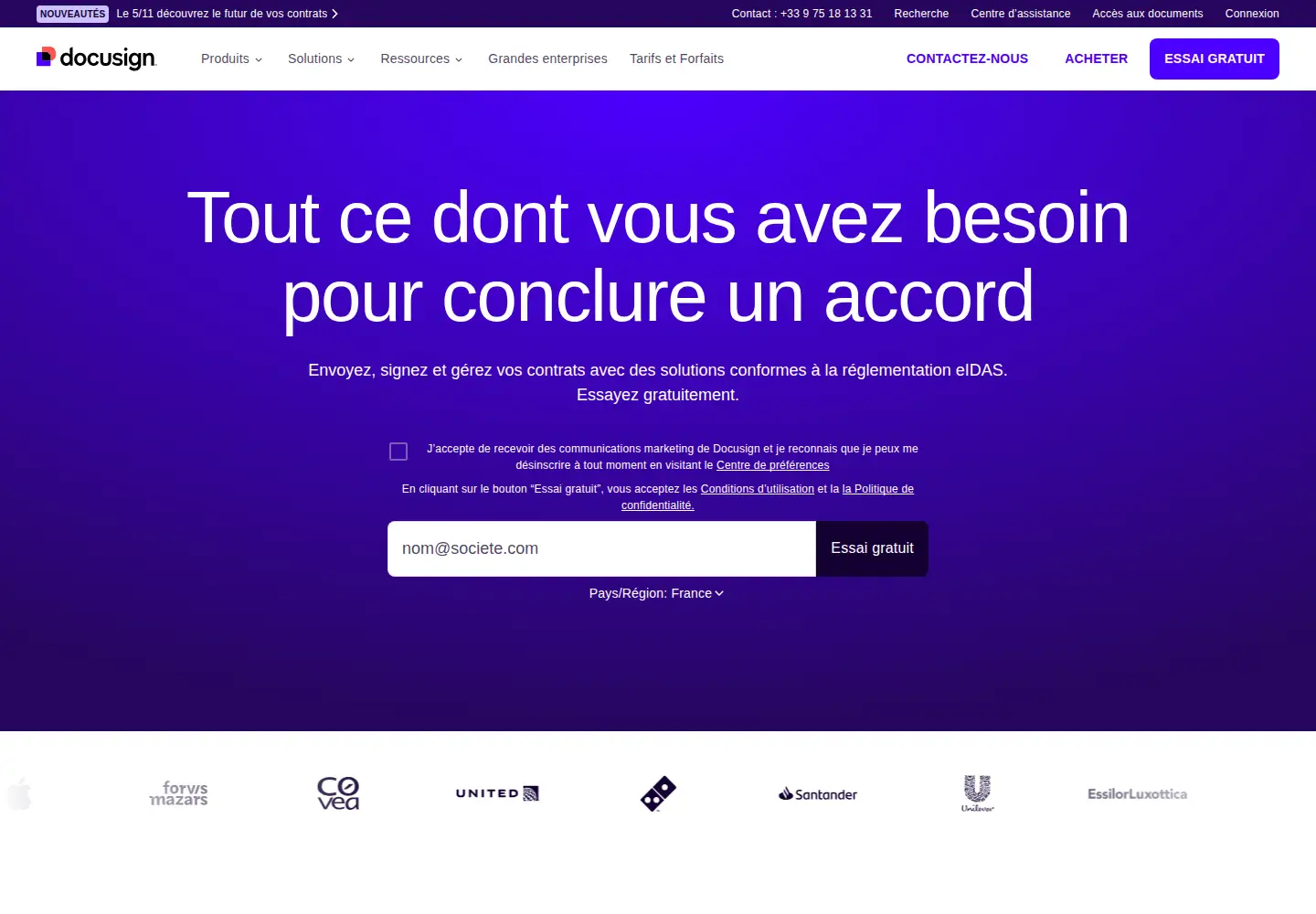 Captured homepage of docusign.fr in the current scan