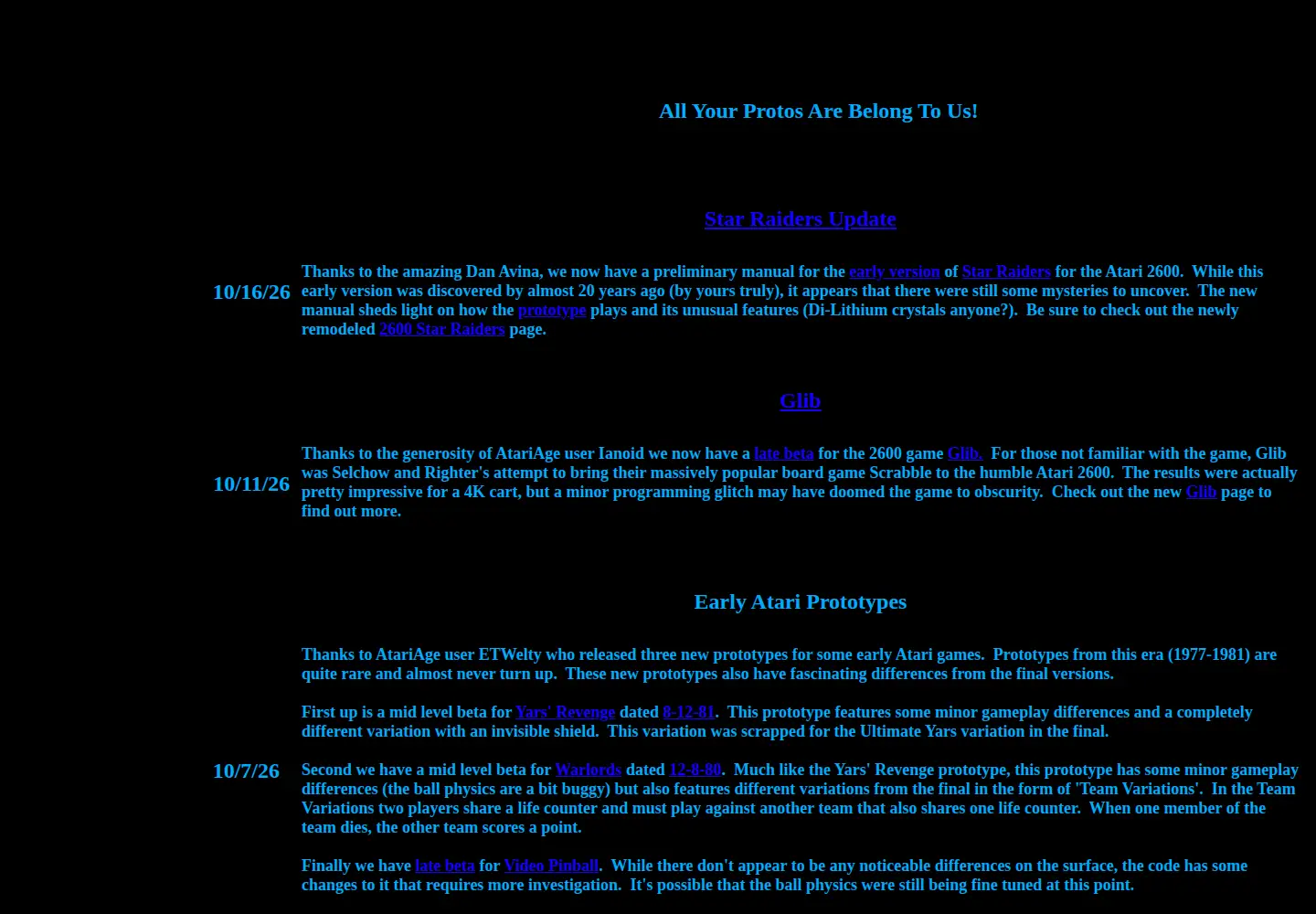 Captured homepage of atariprotos.com in the current scan