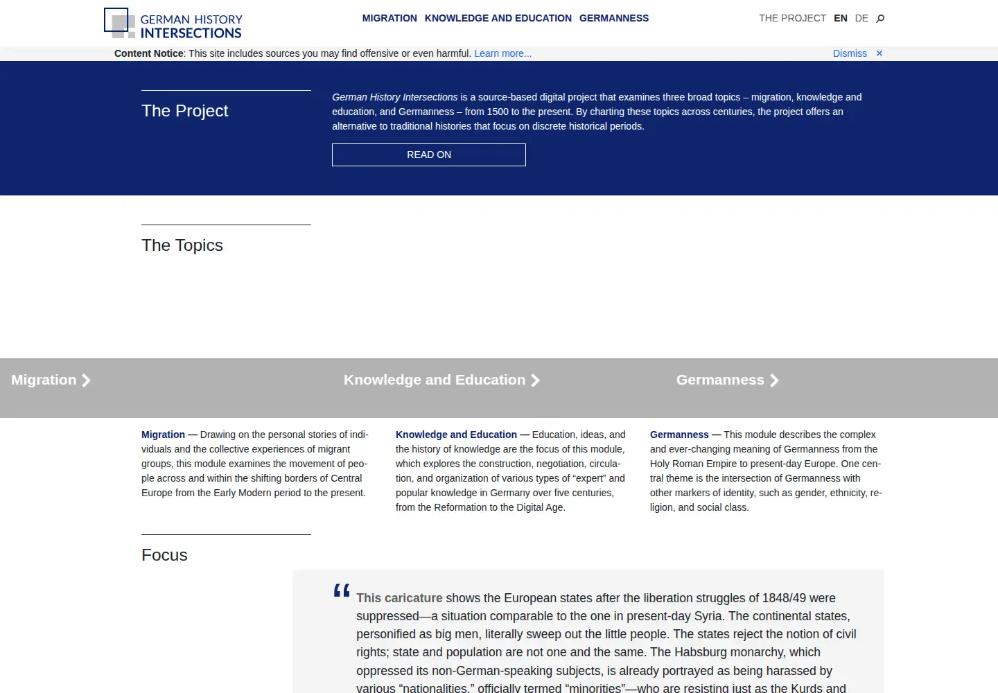 Captured homepage of germanhistory-intersections.org in the current scan