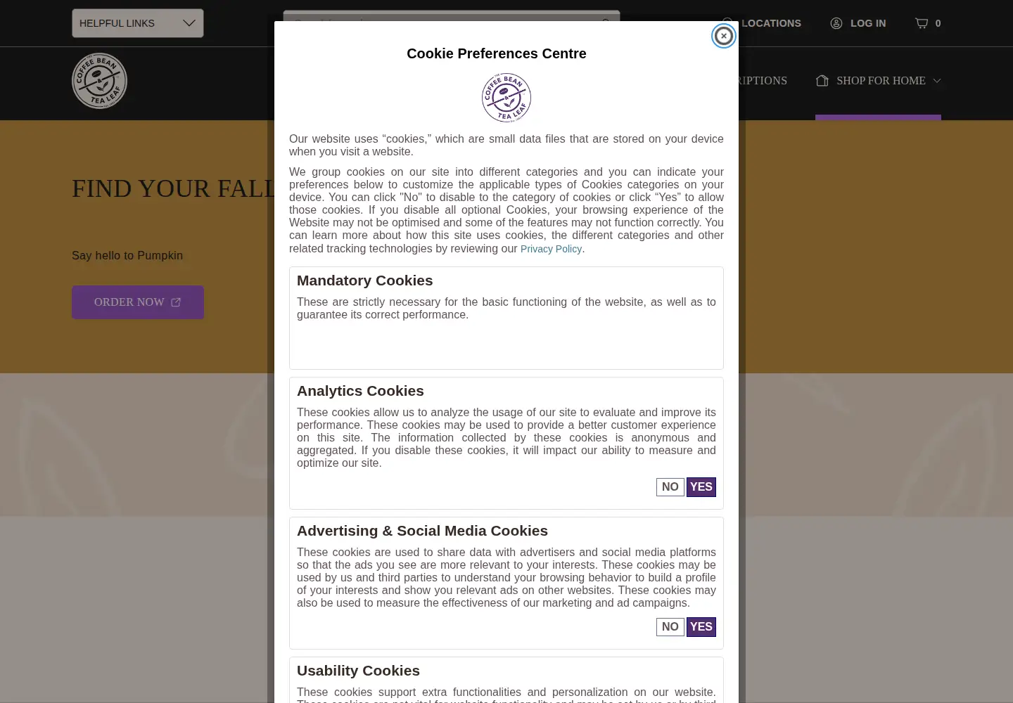 Screenshot of coffeebean.com