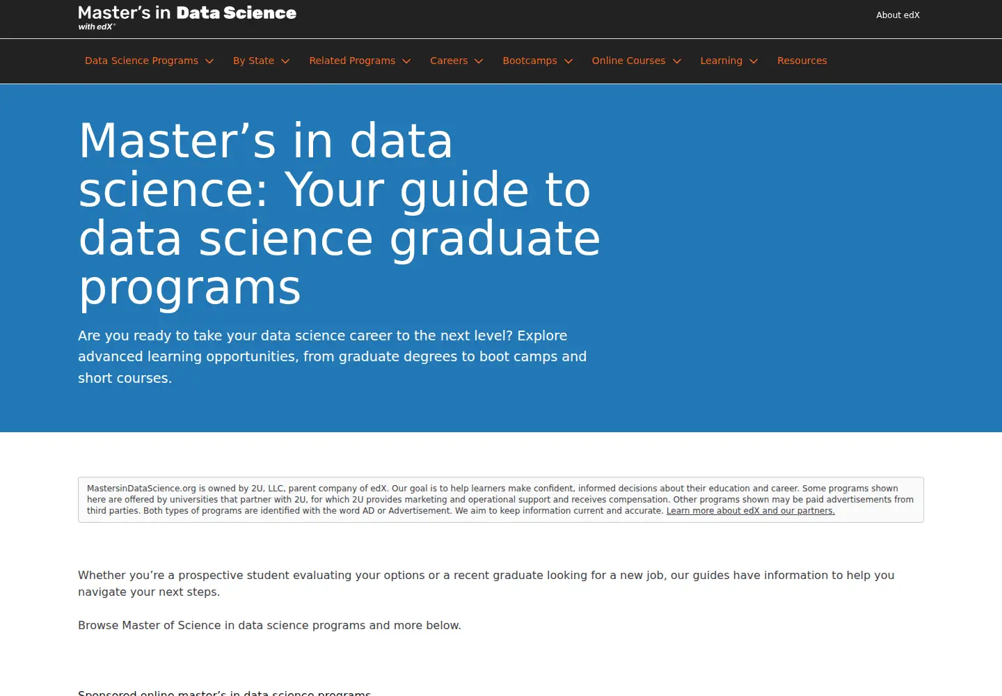 Captured homepage of mastersindatascience.org in the current scan