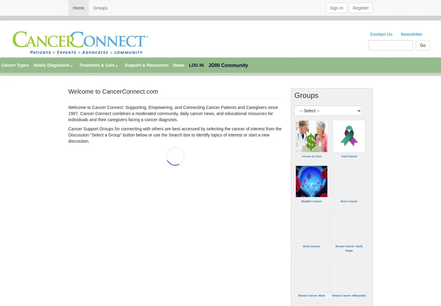 Captured homepage of cancerconnect.com in the current scan