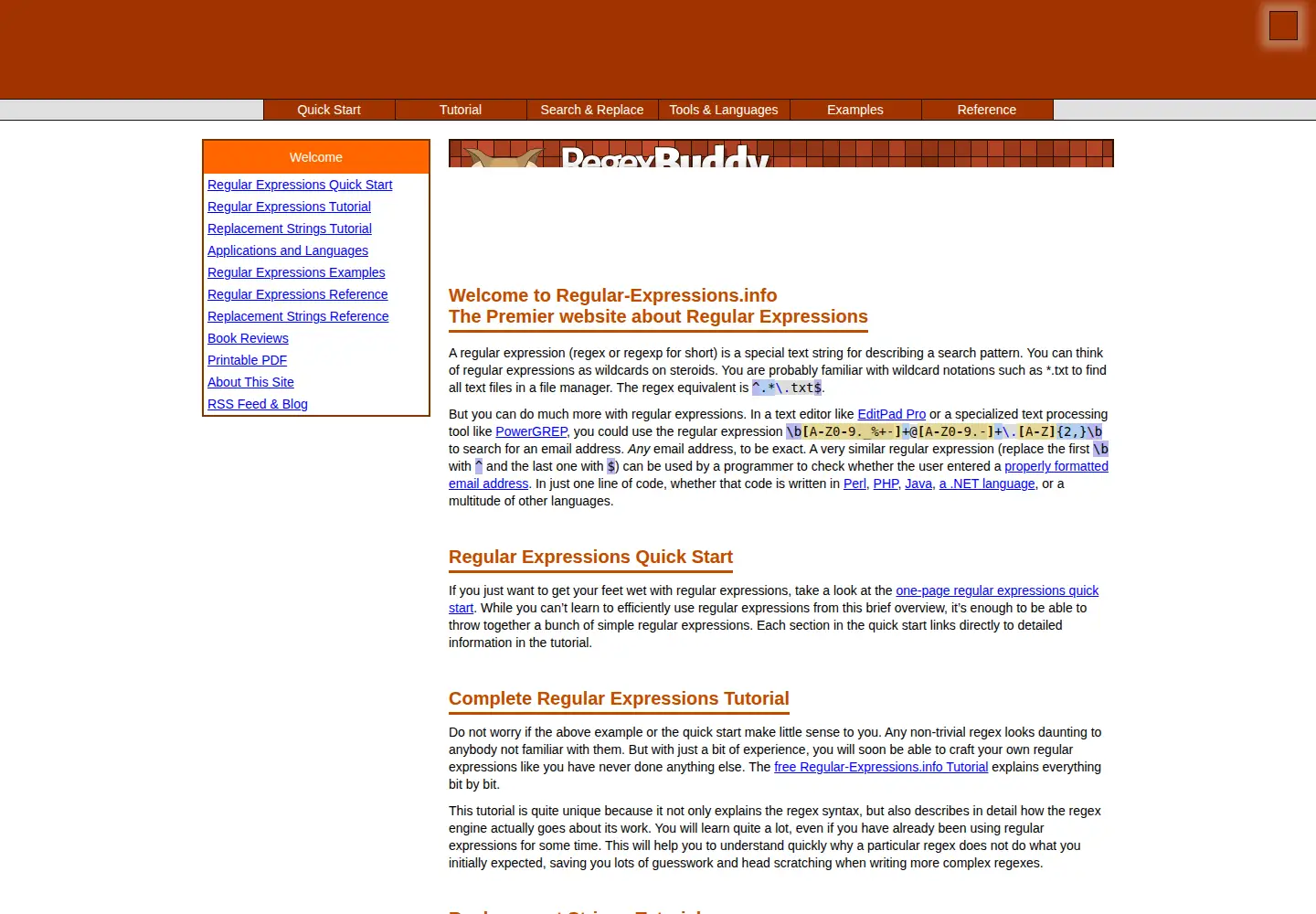 Screenshot of regular-expressions.info