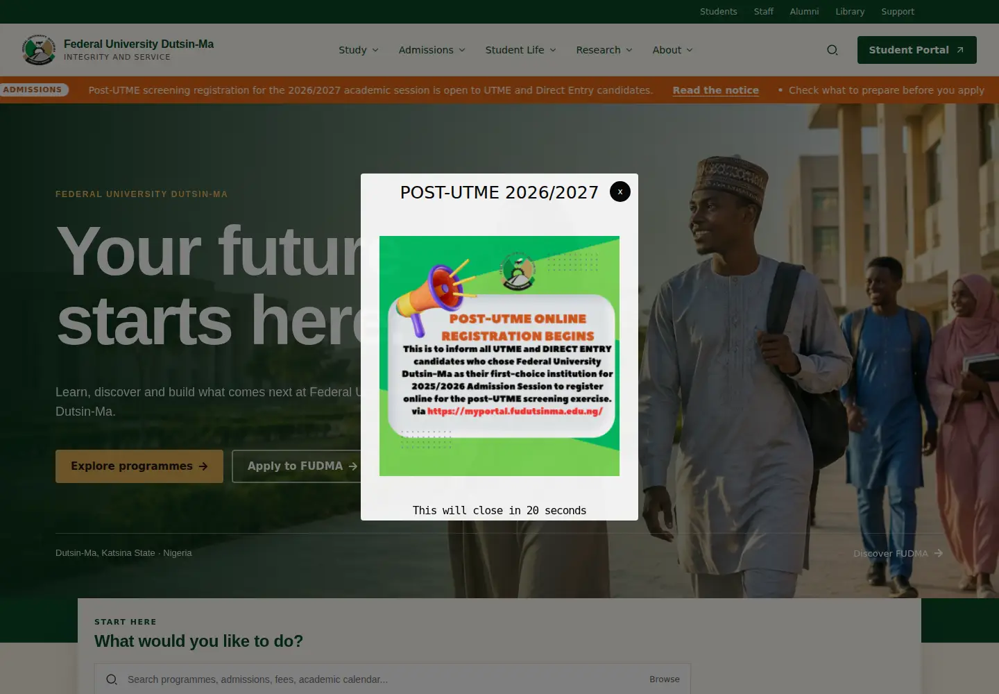 Screenshot of fudutsinma.edu.ng