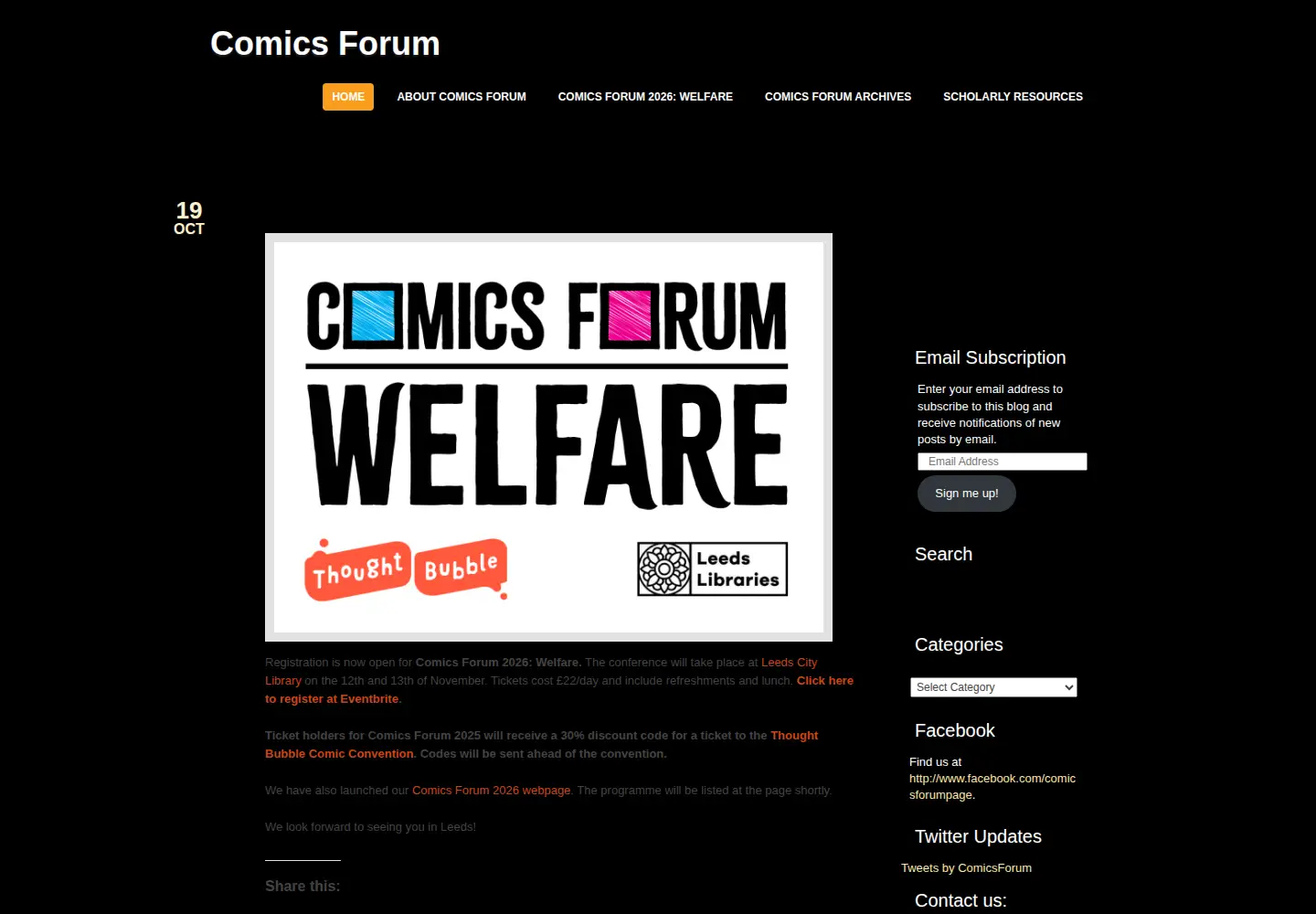 Captured homepage of comicsforum.org in the current scan