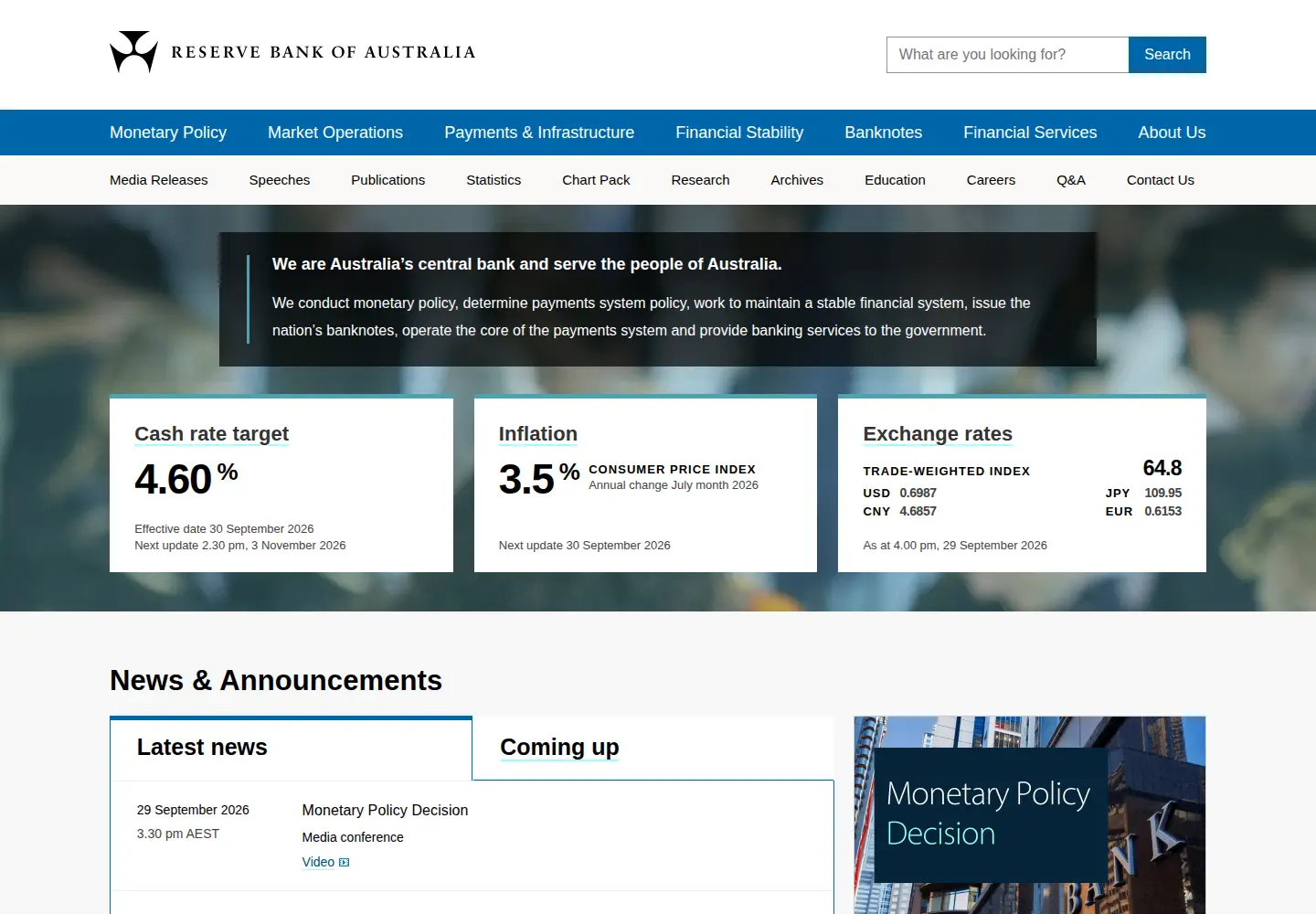 Screenshot of rba.gov.au