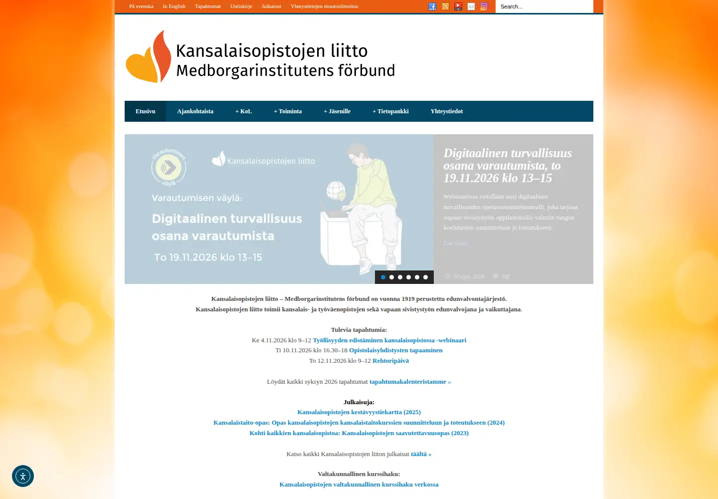 Screenshot of kansalaisopistojenliitto.fi