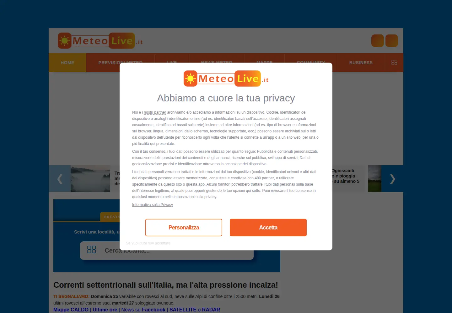 Captured homepage of meteolive.it in the current scan