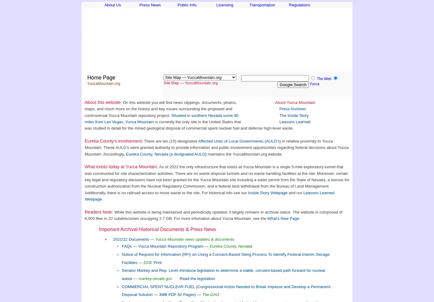 Captured homepage of yuccamountain.org in the current scan