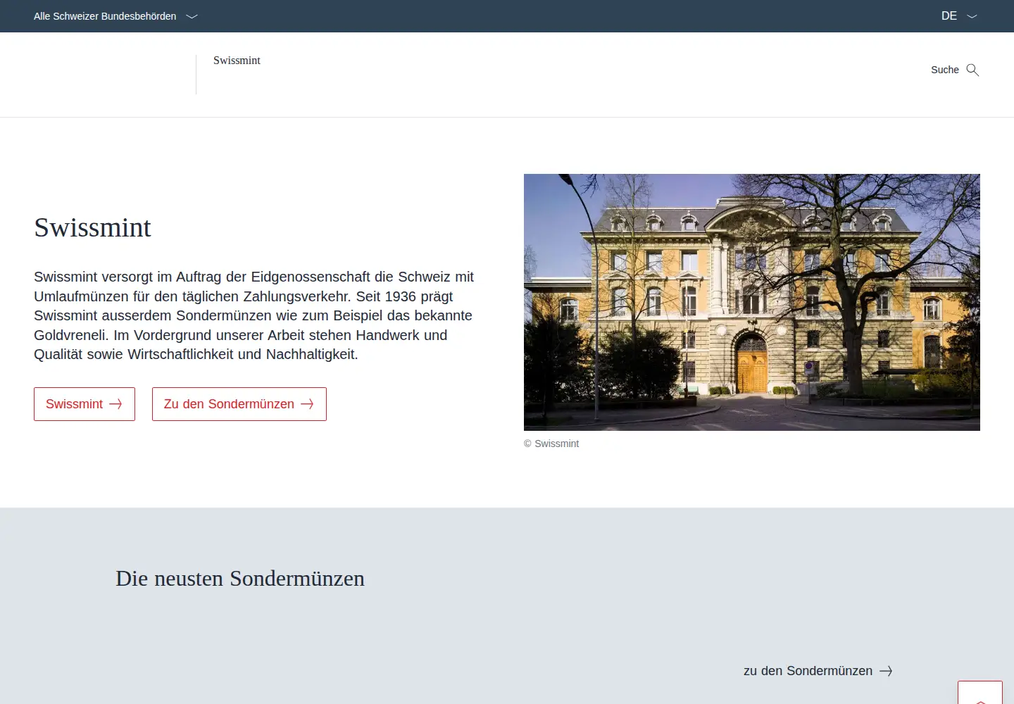 Captured homepage of swissmint.ch in the current scan