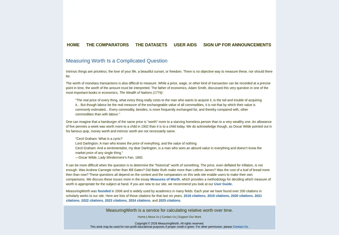 Captured homepage of measuringworth.org in the current scan