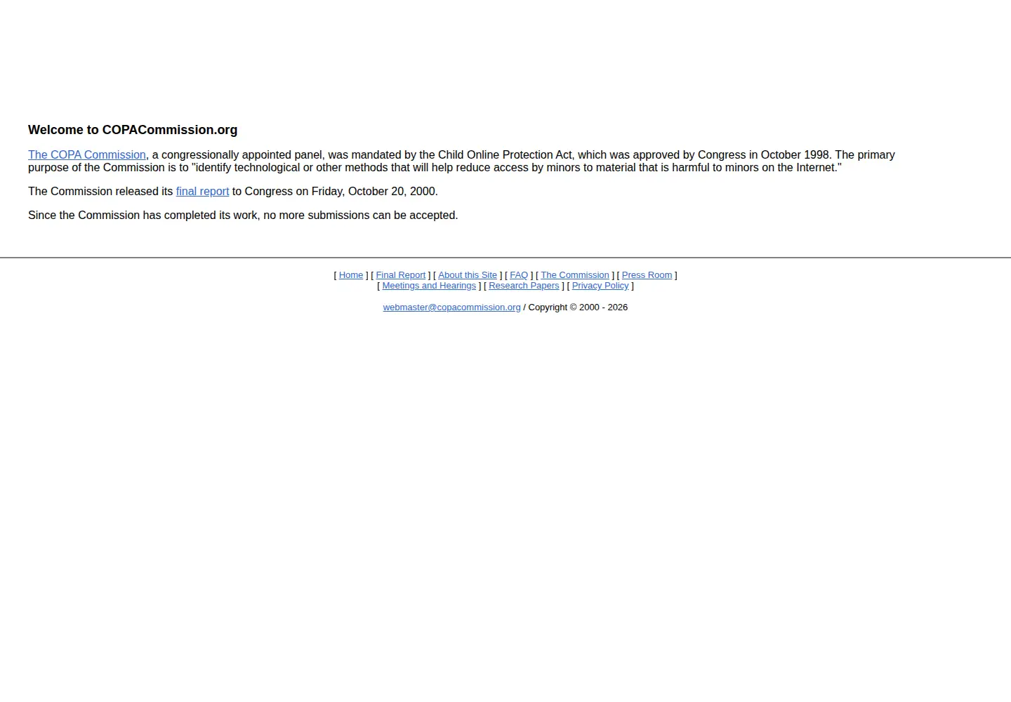 Captured homepage of copacommission.org in the current scan