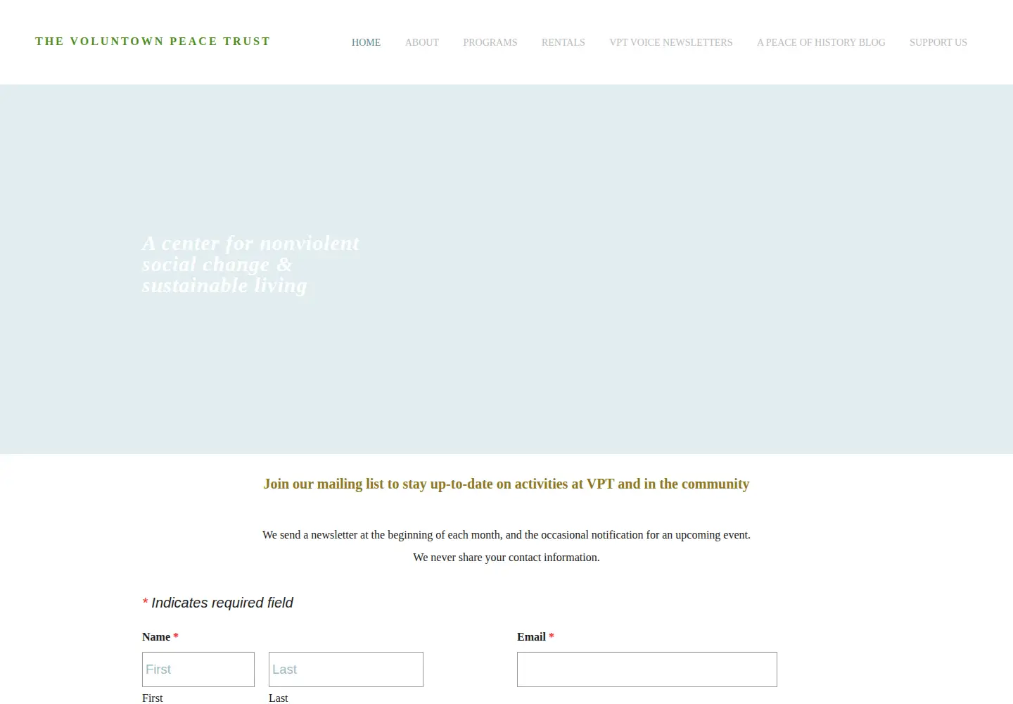 Captured homepage of voluntownpeacetrust.org in the current scan
