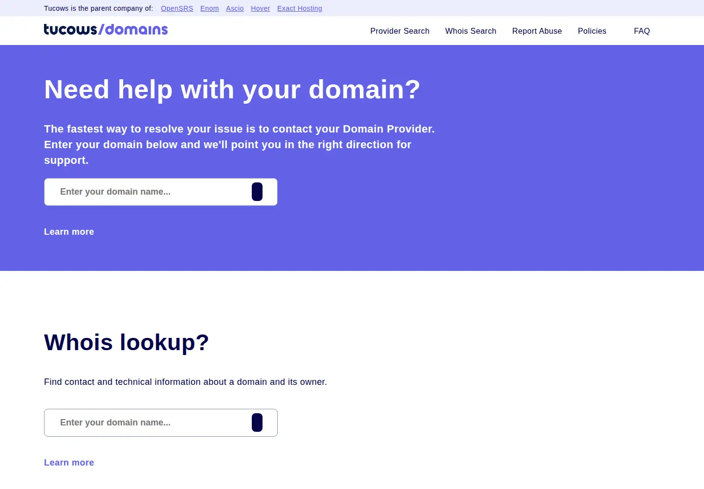 Captured homepage of tucowsdomains.com in the current scan
