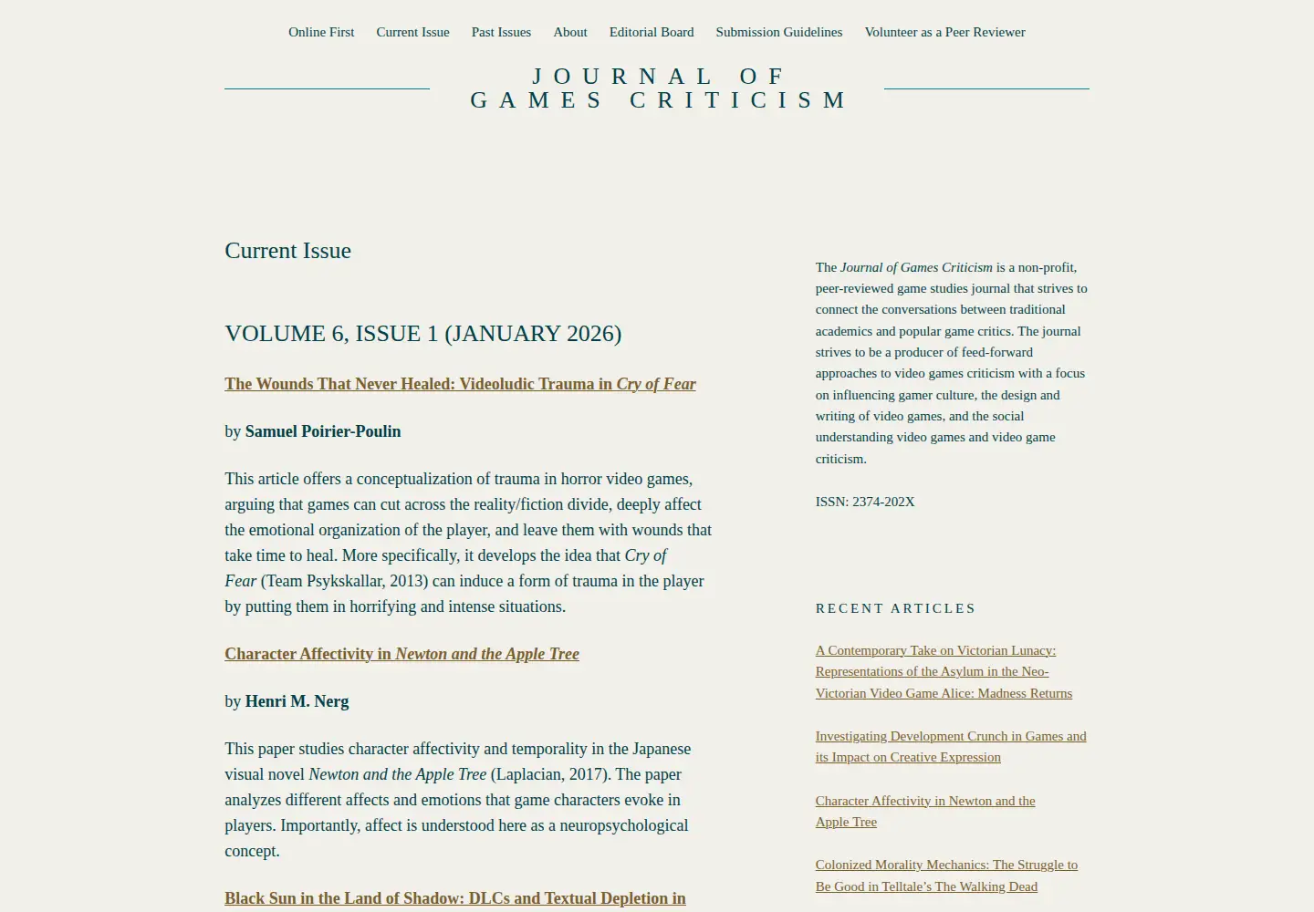 Captured homepage of gamescriticism.org in the current scan