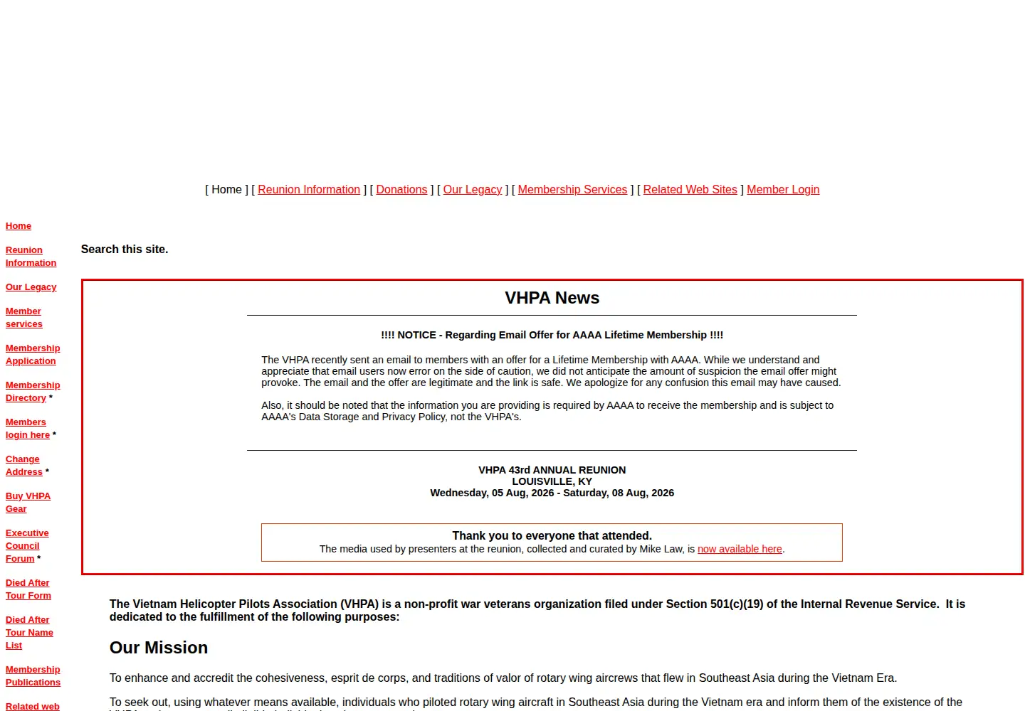 Captured homepage of vhpa.org in the current scan