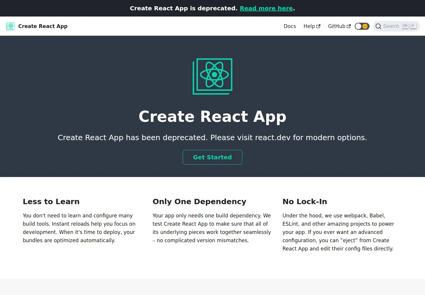 Screenshot of create-react-app.dev