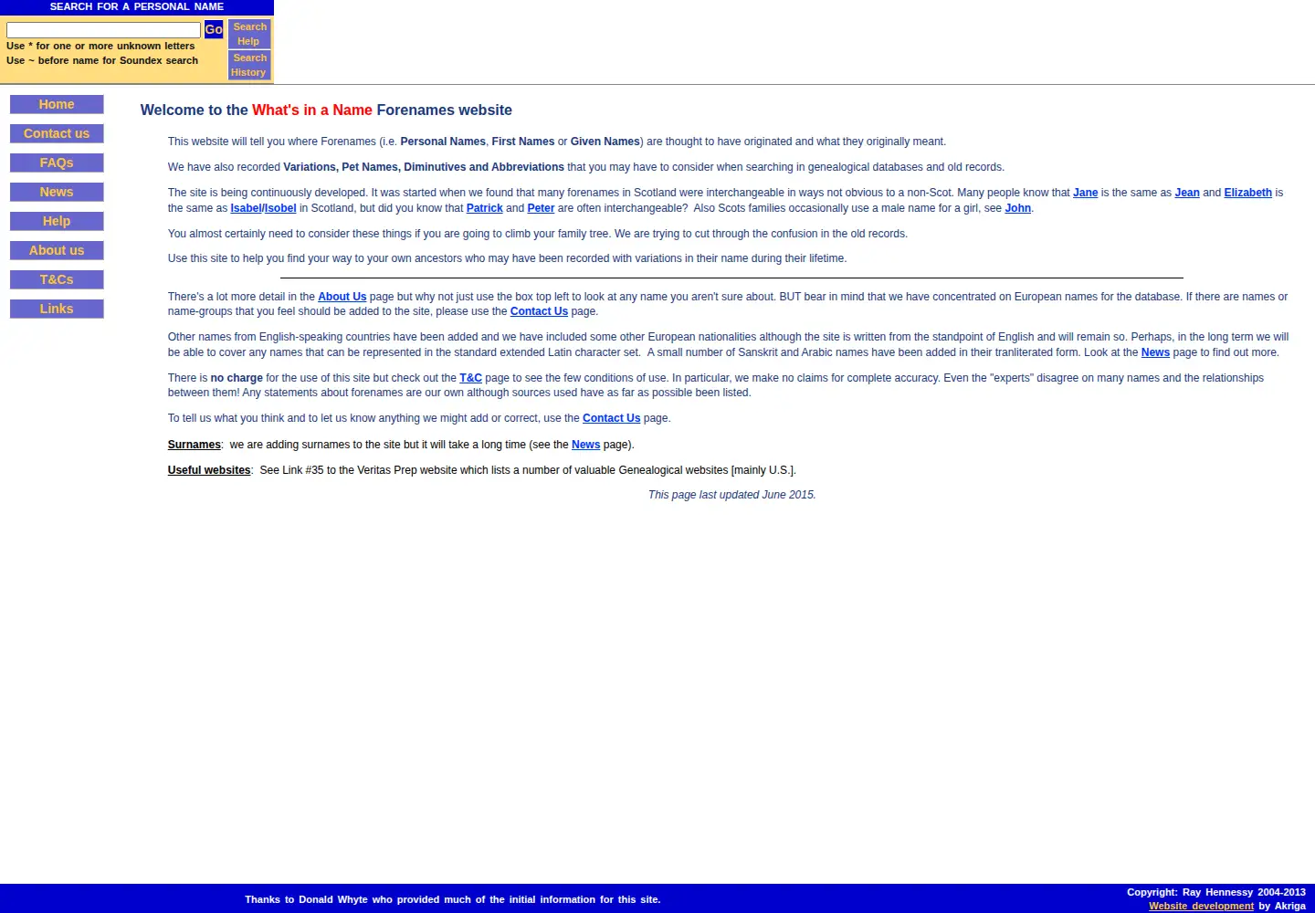 Captured homepage of whatsinaname.net in the current scan