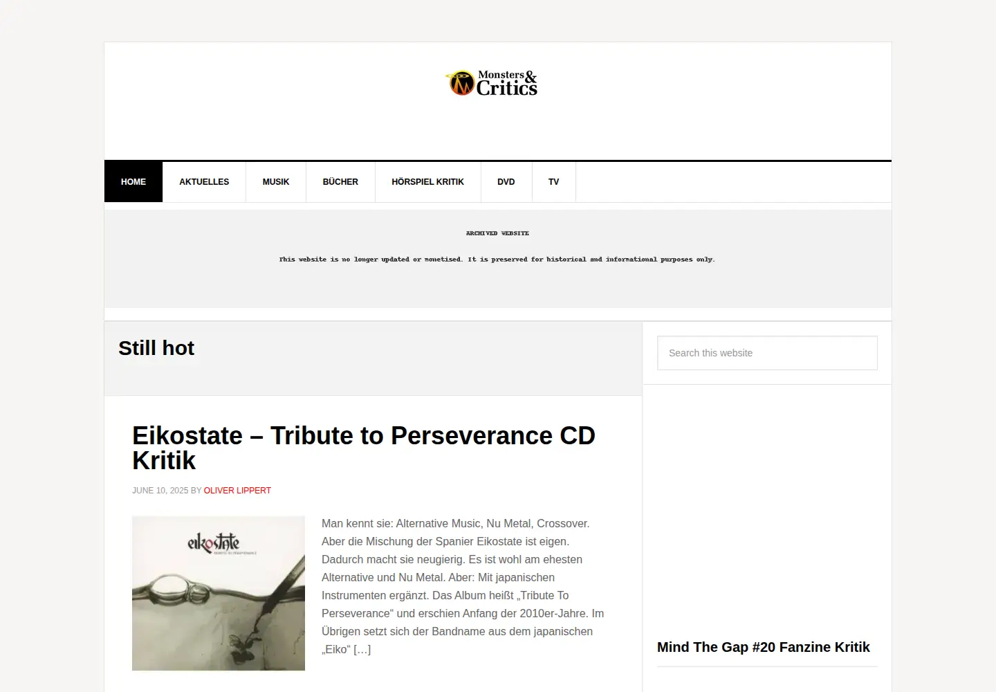 Captured homepage of monstersandcritics.de in the current scan
