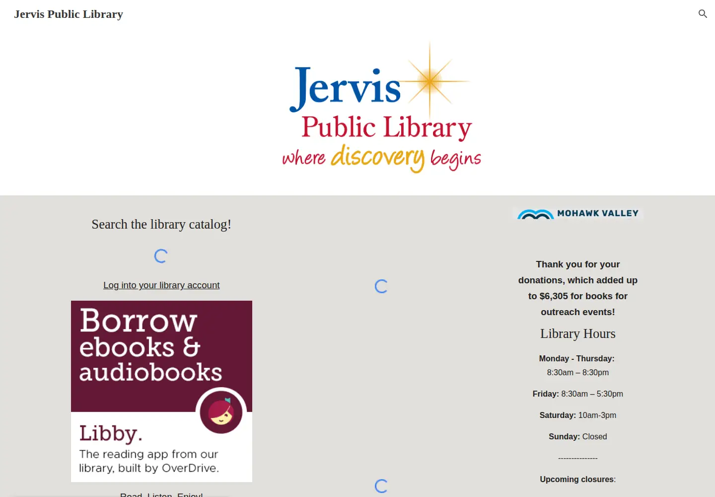 Captured homepage of jervislibrary.org in the current scan