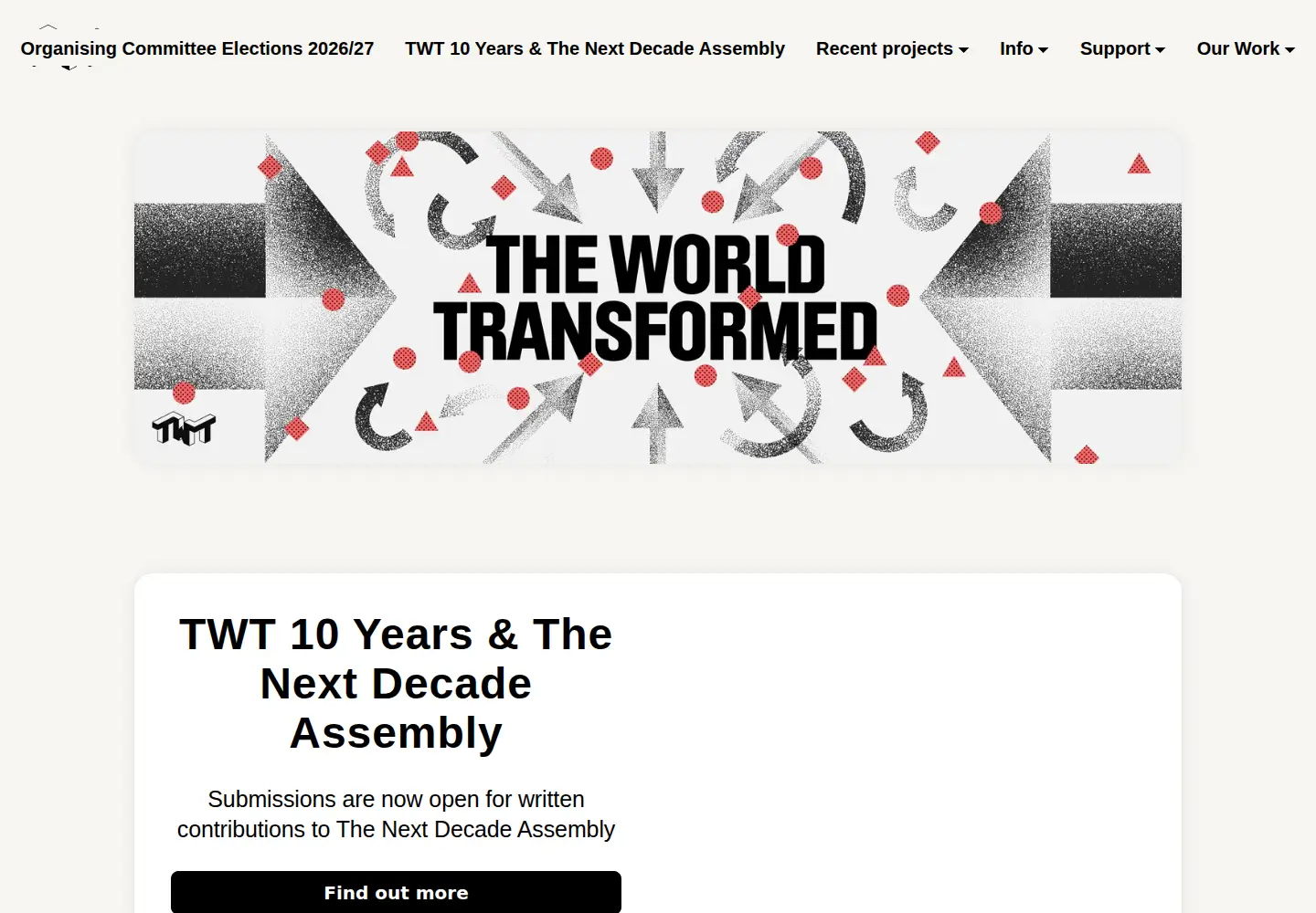 Captured homepage of theworldtransformed.org in the current scan