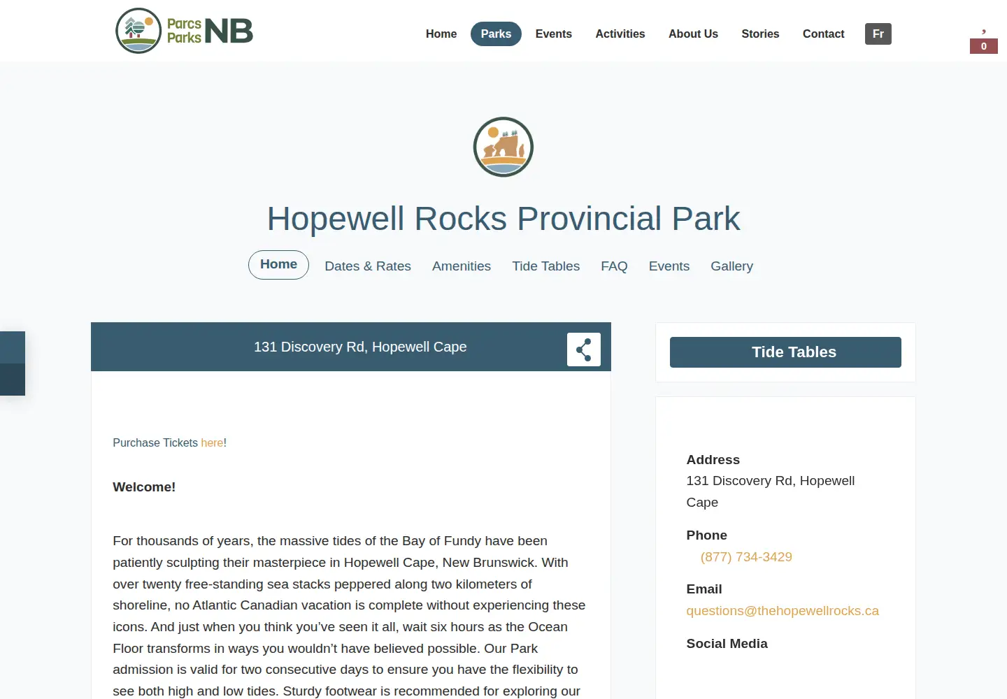 Captured homepage of thehopewellrocks.ca in the current scan