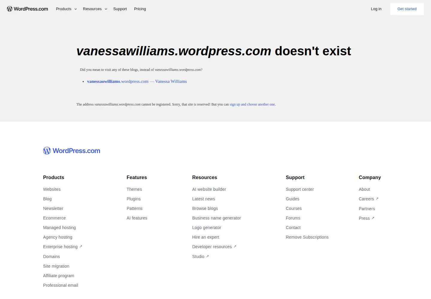 Captured homepage of vanessawilliams.com in the current scan