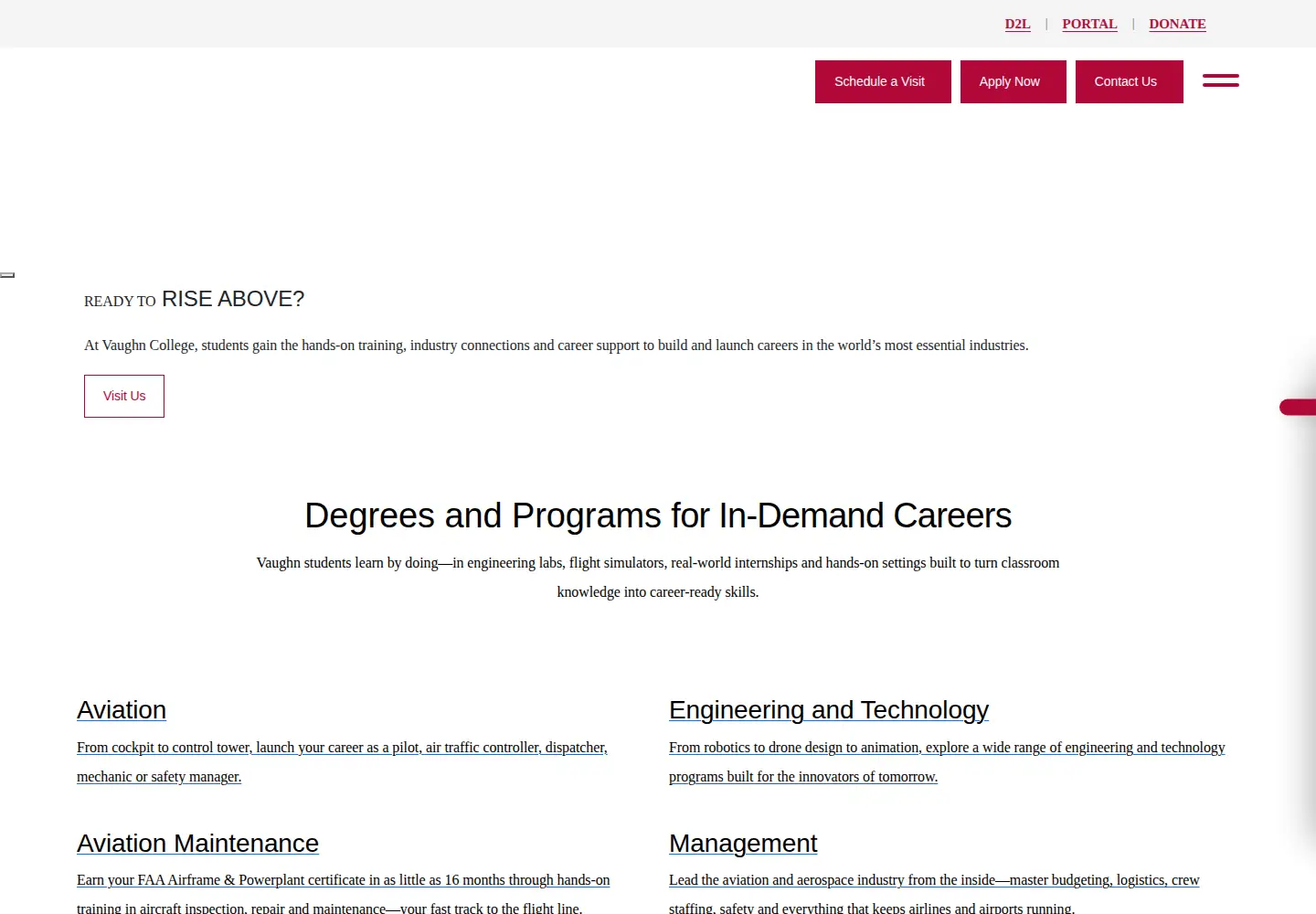 Captured homepage of vaughn.edu in the current scan