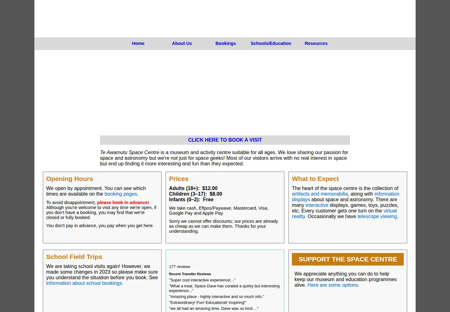 Captured homepage of spacecentre.nz in the current scan