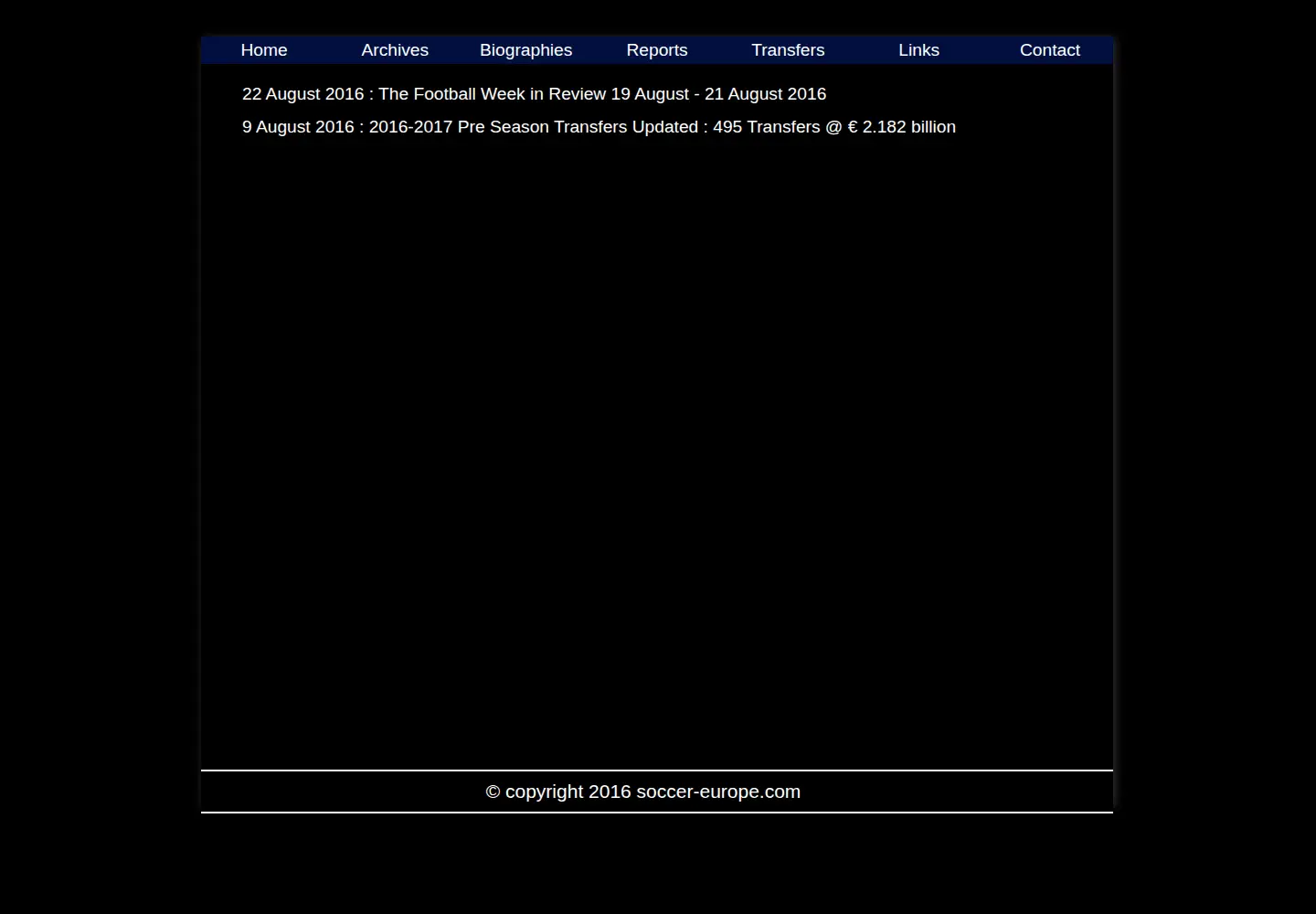 Captured homepage of soccer-europe.com in the current scan