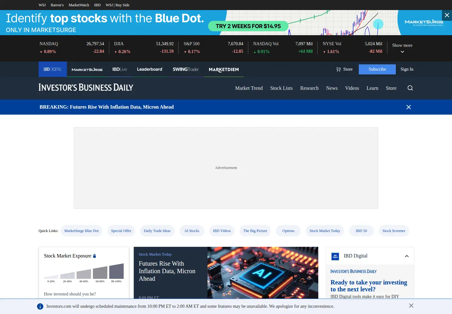 Captured homepage of investors.com in the current scan