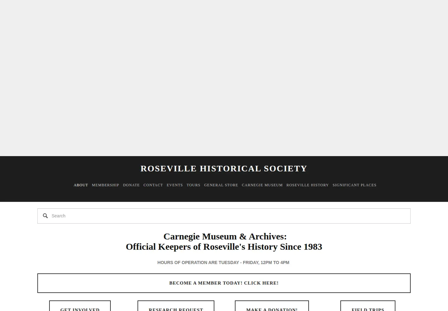 Captured homepage of rosevillehistorical.org in the current scan
