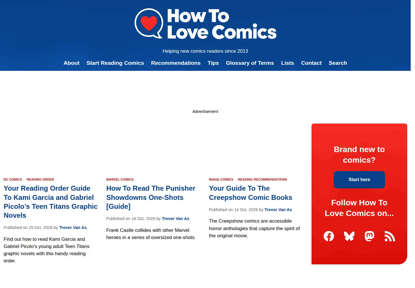 Captured homepage of howtolovecomics.com in the current scan