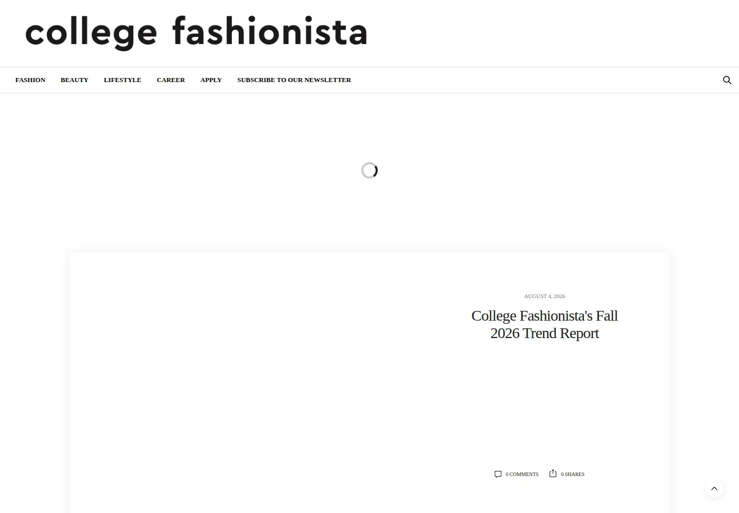 Captured homepage of collegefashionista.com in the current scan