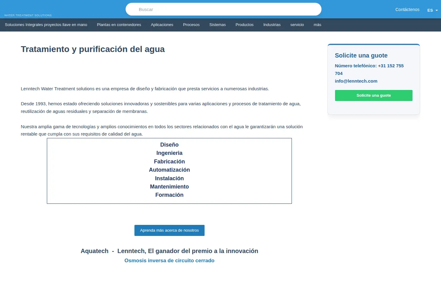 Captured homepage of lenntech.es in the current scan
