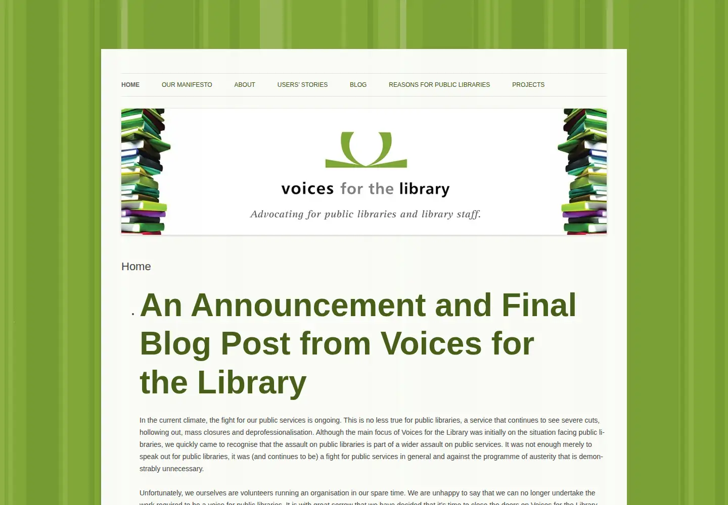 Screenshot of voicesforthelibrary.org.uk