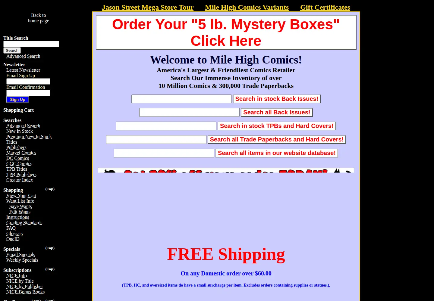 Captured homepage of milehighcomics.com in the current scan