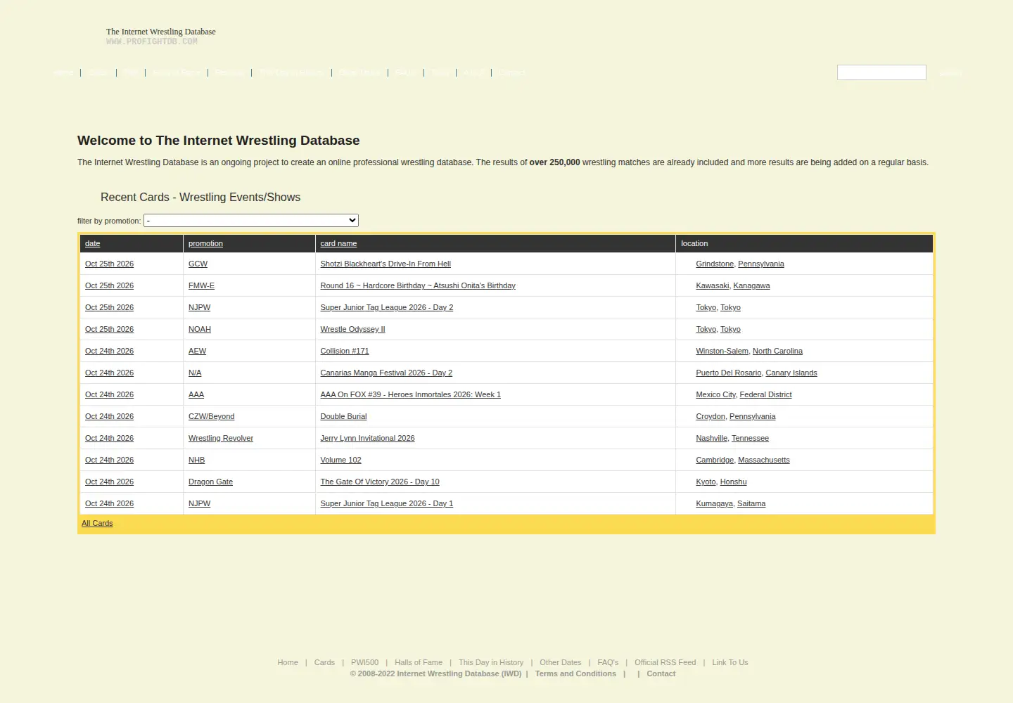 Captured homepage of profightdb.com in the current scan