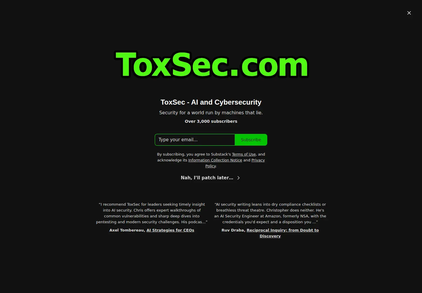 Captured homepage of toxsec.com in the current scan