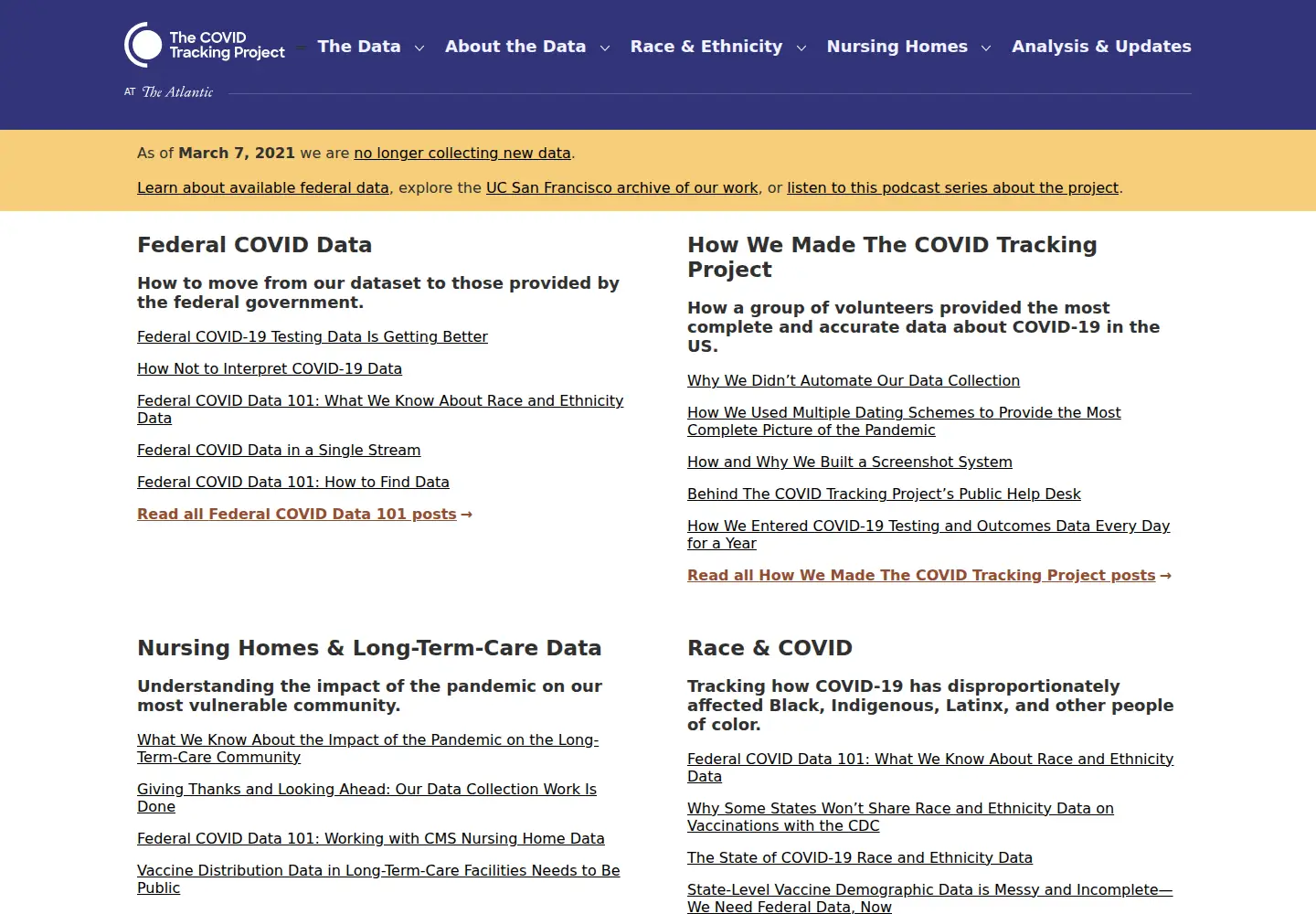 Screenshot of covidtracking.com